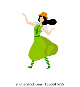Brunette Girl in Green Irish Traditional Costume Celebrating Saint Patrick Day Vector Illustration