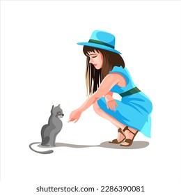 Brunette girl in a hat and blue dress sits and holds out her hand to the kitty. Cute brown kitty. Cute girl in beautiful dress. Isolated vector illustration in cartoon style