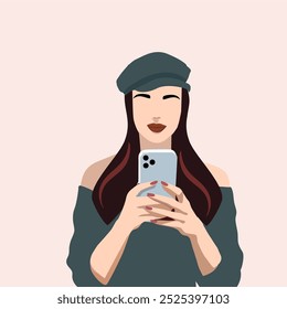 Una chica morena en un sombrero sostiene un teléfono en sus manos. Una mujer con un atuendo de moda es fotografiada en un teléfono inteligente. Elegante Ilustración vectorial para una revista de mujeres o un avatar