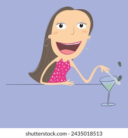 Brunette girl having fun drinking a cocktail. Vector Illustration.