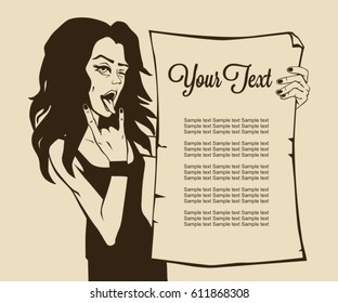 Brunette girl holds an old paper price list menu, wink, show sign of the horns. Vintage poster vector illustration