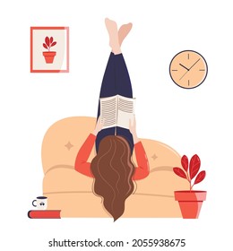 A brunette girl lies on the couch in the living room with her legs up and reads a book. On the floor and on the poster is her favorite flower in a pot.