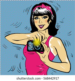 Brunette girl making selfie pop art comic vector illustration