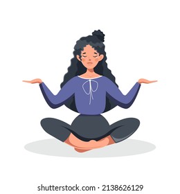 A brunette girl meditates in the lotus position. The concept of a healthy lifestyle. Healthy habits, sports and yoga. Vector illustration of a female character in cartoon style