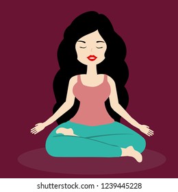 
brunette girl meditates relaxed in yoga pose on a pink backgtound
