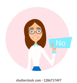 Brunette girl in an office suit is holding a sign saying No! Cartoon style. Vector illustration