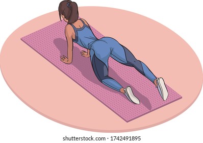 Brunette girl on a fitness mat doing donkey kicks exercise vector illustration. Workout at home 