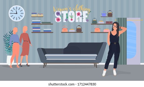 Brunette girl posing. Model in a stylish suit. Women's clothing store. Dresses, bags, women's clothing, shop. Vector illustration.