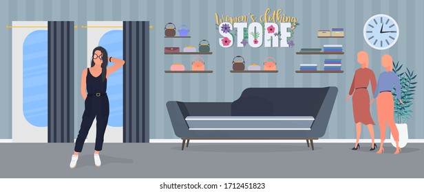 Brunette girl posing. Model in a stylish suit. Women's clothing store. Dresses, bags, women's clothing, shop. Vector illustration.