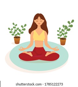 The brunette girl practices yoga in the lotus position on a blue carpet on a white background. Vector illustration of a woman doing asanas. The concept of yoga, meditation, sports, healthy lifestyle