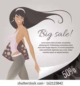 Brunette girl promoting a big sale