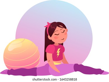 Brunette girl in purple leggings sits on a longitudinal twine with exercise ball on background. Muscle stretch, gymnastics illustration