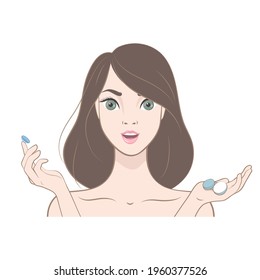 Brunette girl putting on contact lenses. Vector illustration