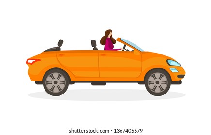 Brunette Girl in Red Dress Driving Orange Convertible Car Isolated on White Background. Elegant Young Woman Drive Cabriolet. Female Driver Faceless Character Cartoon Flat Vector Illustration. Clip Art