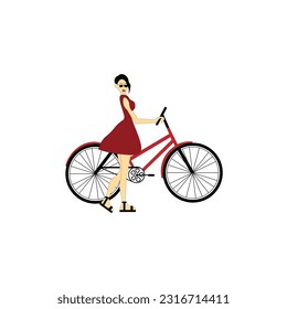 brunette girl, in a red dress, with glasses, near the bike.