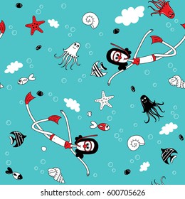 Brunette girl in red swimsuit and dive mask and swim fins, of fishes, jellyfish, shells, clouds, sea, waves, bubbles