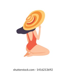 Brunette Girl in Red Swimsuit and Hat Sunbathing on Beach, Back View, Beautiful Young Woman Enjoying Summer Vacation on Seashore Vector Illustration