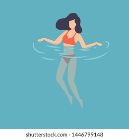 Brunette Girl in Red Swimsuit Swimming in Water, Woman Relaxing in the Sea, Ocean or Swimming Pool, Summer Outdoor Activities Vector Illustration