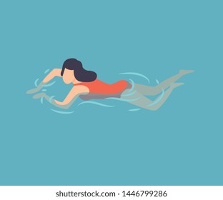 Brunette Girl in Red Swimsuit Swimming in Water, Woman Relaxing in the Sea, Ocean or Swimming Pool, Summer Outdoor Activities Vector Illustration