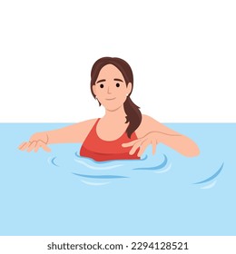 Brunette Girl in red Swimsuit Swimming in Water, Woman Relaxing in the Sea, Ocean or Swimming Pool at Summer Vacation. Flat vector illustration isolated on white background