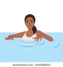 Brunette Girl in red Swimsuit Swimming in Water, Woman Relaxing in the Sea, Ocean or Swimming Pool at Summer Vacation. Flat vector illustration isolated on white background