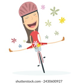 Brunette girl riding a bicycle in spring. Vector Illustration.