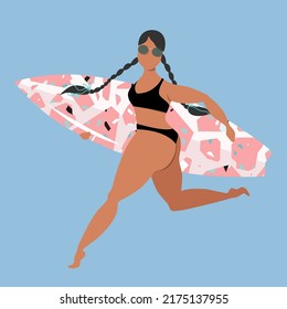 Brunette girl running  with surfboard. Woman with surfing board. Tanned female surfer with terrazzo print board. Active summer sports vector illustration. Modern poster design for web and print.
