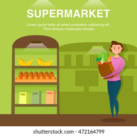Brunette girl, shopping in supermarket, grocery store. health food, shop, supermarket interior showcases, fruits, Healthy eating and eco food. Vector illustrations. Green background, flat design
