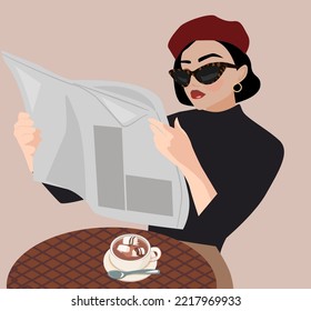 Una morena con un peinado corto se sienta en un café y lee un periódico. Una mujer con una imagen de moda de gafas de sol, una boina roja y un vestido negro, bebe café y lee una revista.