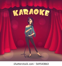 Brunette Girl Singing Karaoke On The Scene. Cartoon Style. Vector Illustration