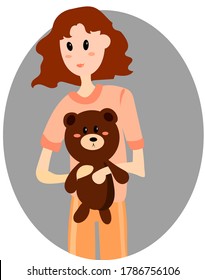 brunette girl smiling closeup dressed in pink pajamas, holding a teddy bear in her hands on a gray background