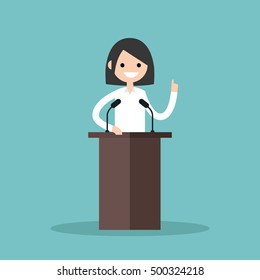 Brunette girl standing behind the tribune and pointing her finger up / flat editable vector illustration