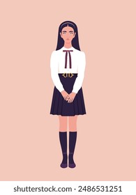 A brunette girl is standing full-length in school uniform. Portrait of a beautiful schoolgirl. Vector flat illustration