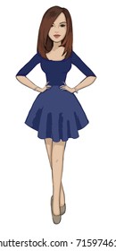 Brunette Girl Standing in Short Blue Dress