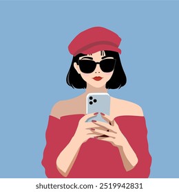 Uma garota morena de óculos escuros e um chapéu seguram um telefone em suas mãos. Uma mulher com uma roupa rosa na moda é fotografada no telefone. Ilustração de vetor elegante para uma revista feminina ou um avatar