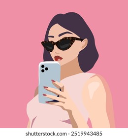 Uma garota morena de óculos escuros e um chapéu seguram um telefone em suas mãos. Uma mulher com uma roupa rosa na moda é fotografada no telefone. Ilustração de vetor elegante para uma revista feminina ou um avatar