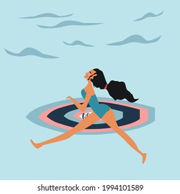 Brunette girl with a surfboard runs to the ocean to surf. Colorful flat cartoon vector illustration. 