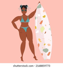 Brunette girl with surfboard. Woman with surfing board. Tanned  female surfer with monstera leaves print board. Active summer sports vector illustration. Modern poster design for web and print.