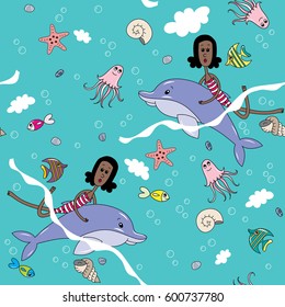 Brunette girl swims with a Dolphin in the sea, among the waves, fish, jellyfish, shells, bubbles, clouds
