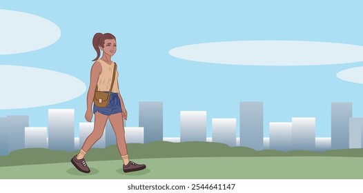 Brunette girl with tied hair, with a women's bag and summer clothes walks in the park on a sunny day.