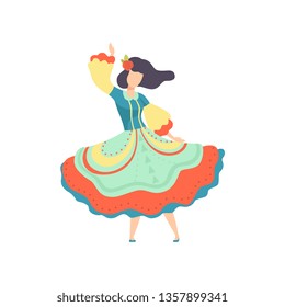 Brunette Girl in Traditional Colorful Dress Dancing at Folklore Party. Festa Junina Brazil June Festival. Vector Illustration.