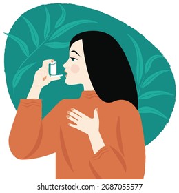 brunette girl uses an inhaler  treatment bronchial asthma   allergies  background and eucalyptus leaves  flat drawing in cartoon style  stock vector illustration  EPS 10 