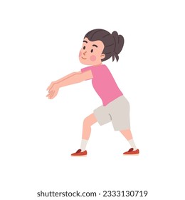 La jugadora de voleibol de chica brunette con ropa deportiva extendió los brazos para golpear la pelota. Dibujo vectorial aislado de un lindo personaje de dibujos animados sobre fondo blanco. Un niño feliz juega al voleibol.