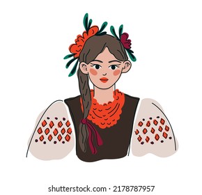 Brunette girl wearing national costume with wreath on the head. Ukrainian girl in traditional clothes   isolated on white background.  Vector illustration. Ukraine folk art concept. 