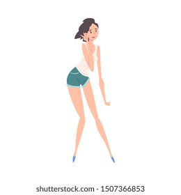 Brunette Girl Wearing Short Denim Shorts and White Tank Top Vector Illustration