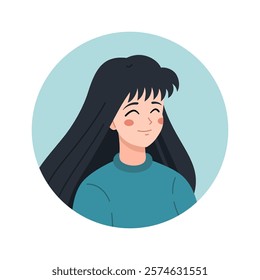 brunette Girl wearing sweater avatar. Young woman portrait icon. Vector illustration. Manga style