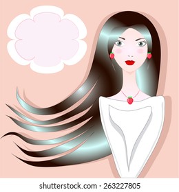 Brunette girl in white blouse with decoration in the form of strawberries on a pink background