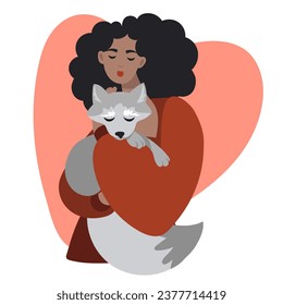 A brunette girl with a white fox in her hands on a white background with a heart. A girl with an animal caring for her neighbor. Animals in the hands of a curly brunette. Portrait of a cartoon girl