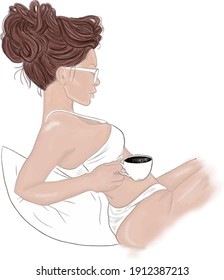 a brunette girl in a white swimsuit is lying on a chaise longue in white glasses with a cup of coffee her hair is gathered in a bun