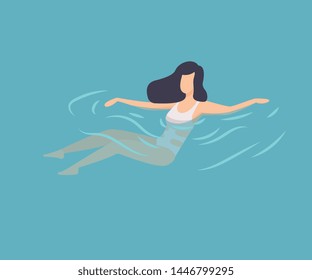 Brunette Girl in White Swimsuit Swimming in Water, Woman Relaxing in the Sea, Ocean or Swimming Pool at Summer Vacation Vector Illustration